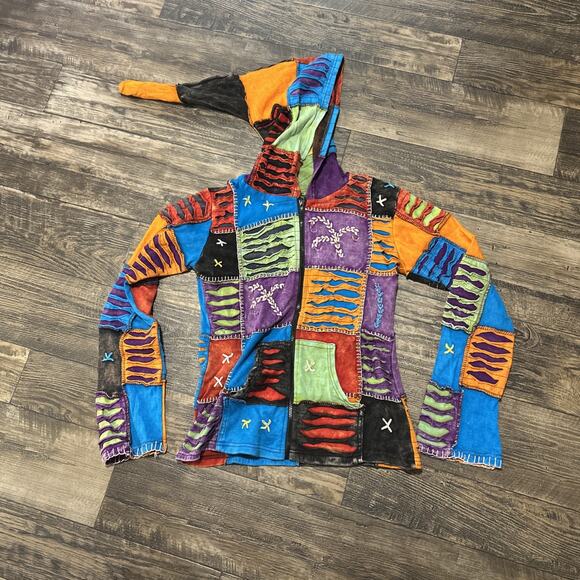 Vtg Y2K Pixie Hoodie patchwork jacket Hippie Boho Women’s Medium Colorful - Picture 1 of 7